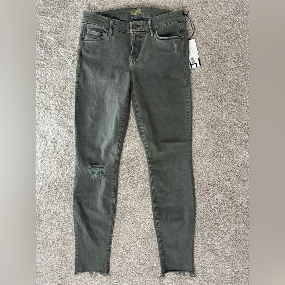 MOTHER Olive Green Distressed Ankle Jeans